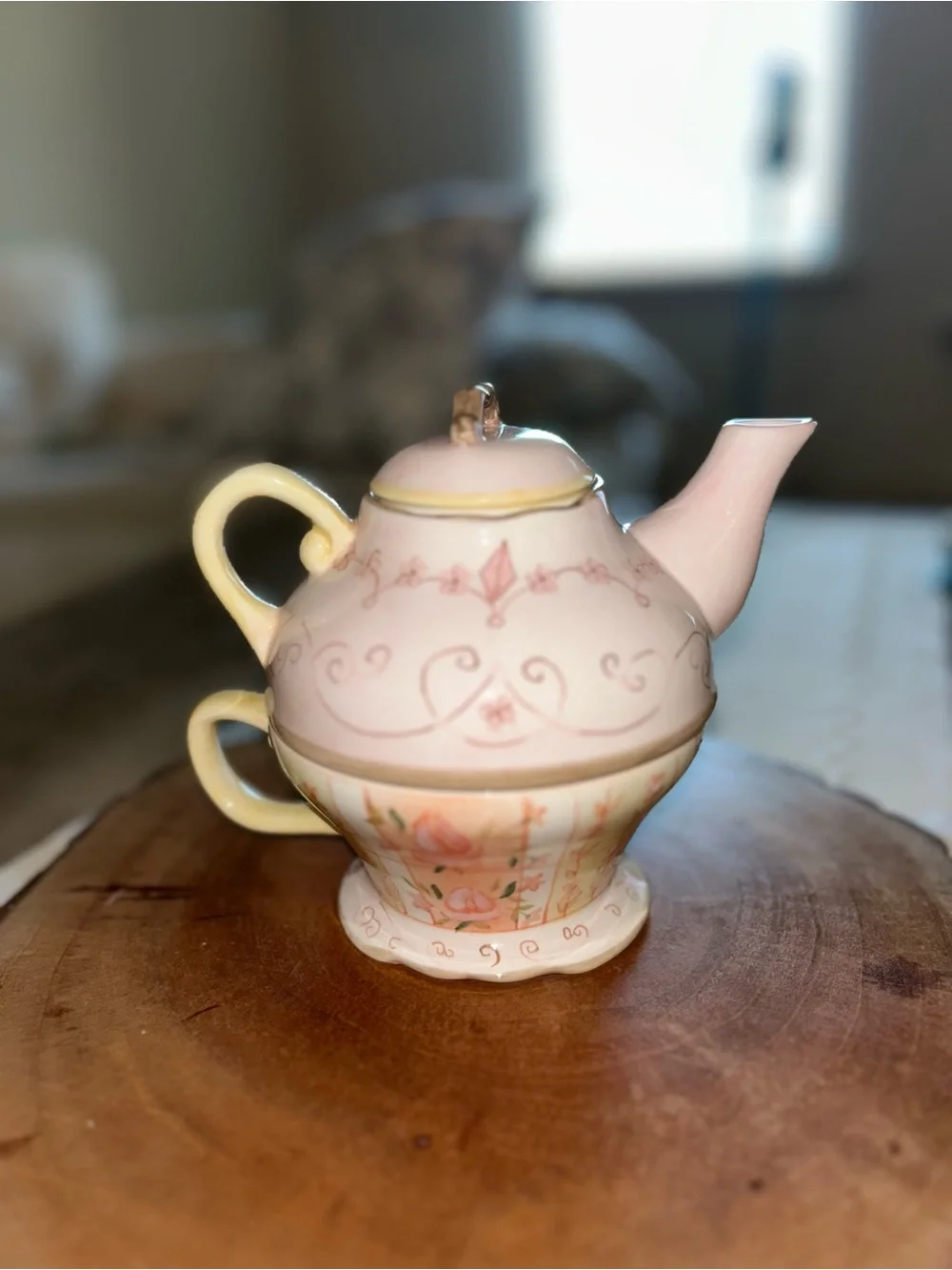 Vintage Fairy Pink Floral Porcelain Teapot and Cup Set With Handmade Design